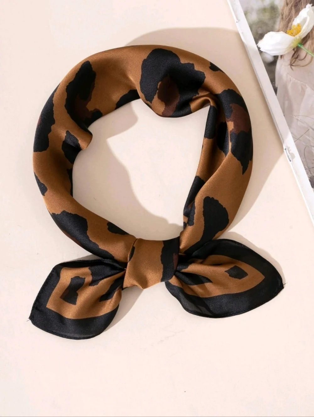 Brown and Black Leopard Print Satin Scarf Summer Beach Travel Vacation Festival